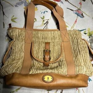 Fossil Natural Straw and Tan Leather Tote